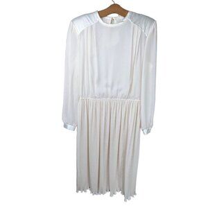 Hy-Ten Vintage 80s Midi Dress Size Large Long Sleeve Pleated Belted Cream White